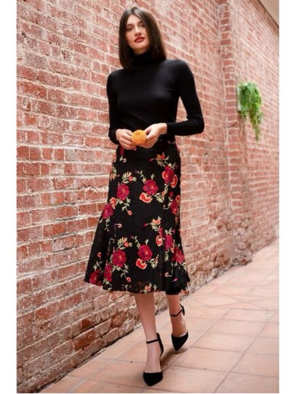 Eva Franco Black Midi Skirt with Red Rose Print
